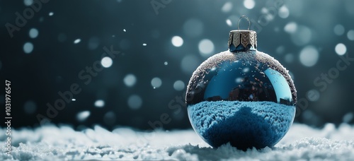 A sparkling Christmas ornament resting on soft snow with falling snowflakes i...