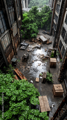 Abandoned industrial courtyard, overgrown flora.