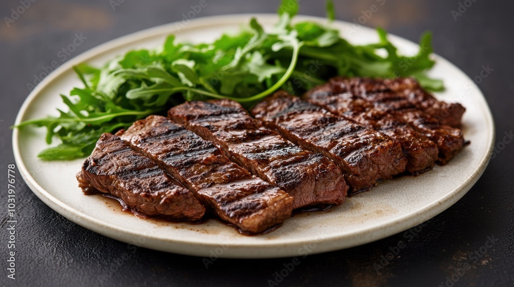 Grilled steak served with fresh arugula on a rustic plate, showcasing culinary expertise and tantalizing flavors Grilled steak served with fresh arugula on a rustic plate, showcasing culinary expertise and tantalizing flavors