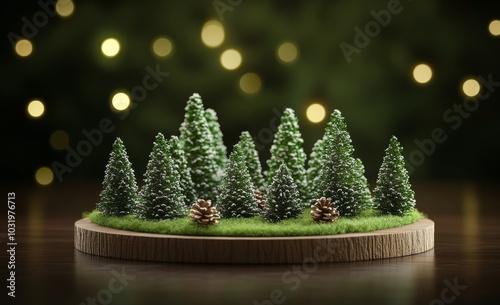 Miniature evergreen forest with pinecones on a wooden base surrounded by soft...
