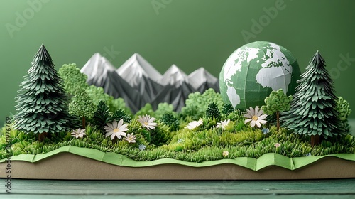 Detailed paper art scene of trees mountains and a globe in the background illustrating the Earth Day theme The design promotes environmental awareness and conservation with a green ecofriendly message photo