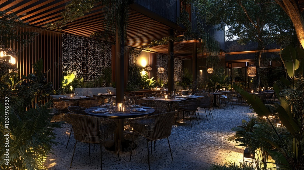 Fototapeta premium Serene Outdoor Dining in Elegant Restaurant Setting