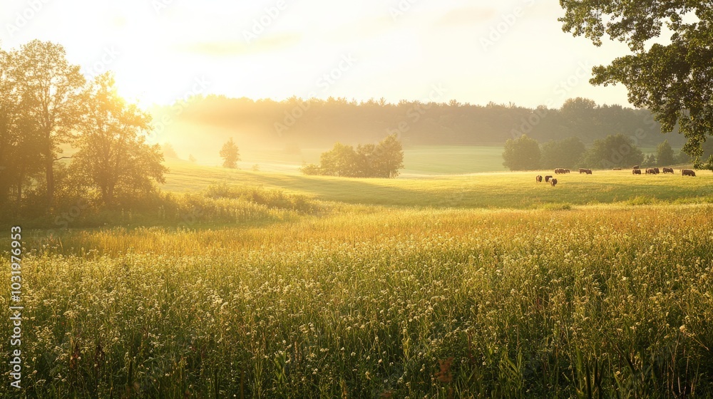 Obraz premium Serene Meadow at Sunset: A Tranquil Pastoral Landscape