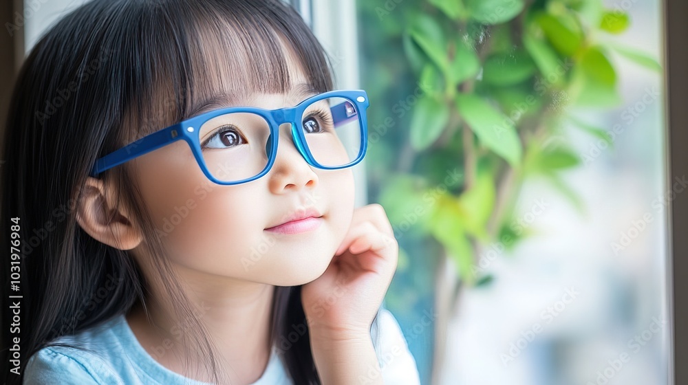 Young child wearing blue glasses focusing on distant tree outside window, symbolizing myopia prevention and importance of outdoor activities. Young child wearing blue glasses focusing on distant tree outside window, symbolizing myopia prevention and importance of outdoor activities.
