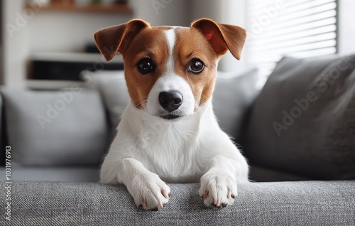 A playful dog relaxing on a cozy couch in a bright, sunlit living room