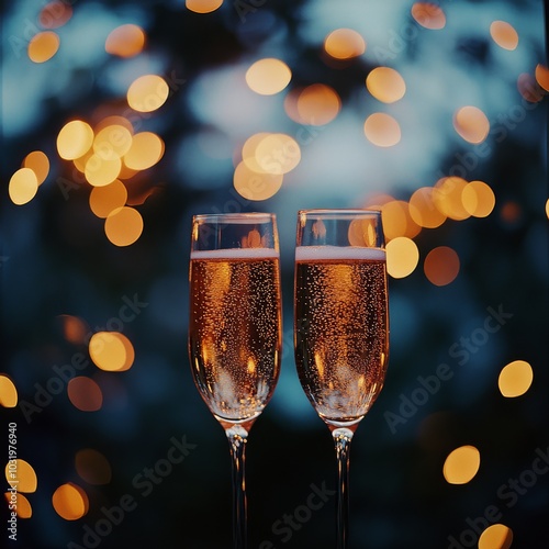 Celebrating a joyful moment with sparkling drinks amidst soft glowing lights ...