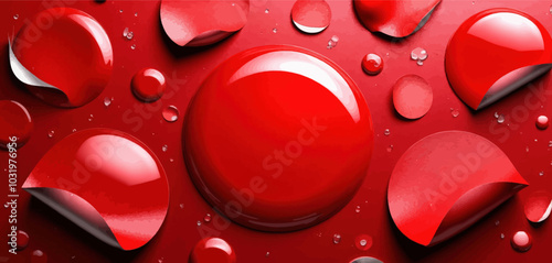 Red Liquid Drops and Stickers on Red Background