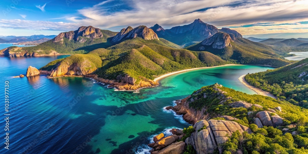 Naklejka premium Stunning Aerial View of Hazards Mountain Range and Honeymoon Bay in Freycinet National Park, Tasmania - Breathtaking Drone Footage of East Coast Nature and Landscapes