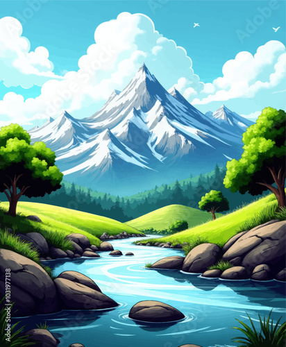 River Winding Through Mountain Valley 
