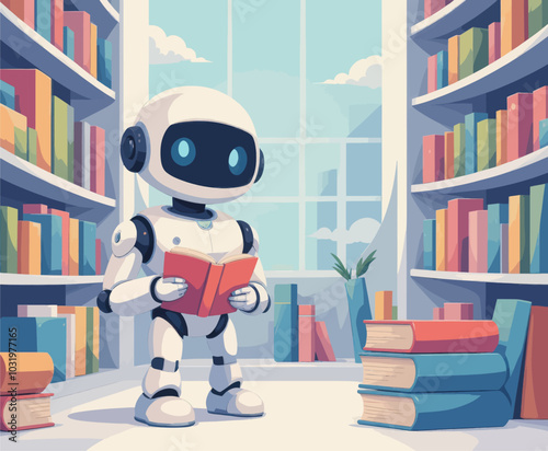 Robot reading book in library 
