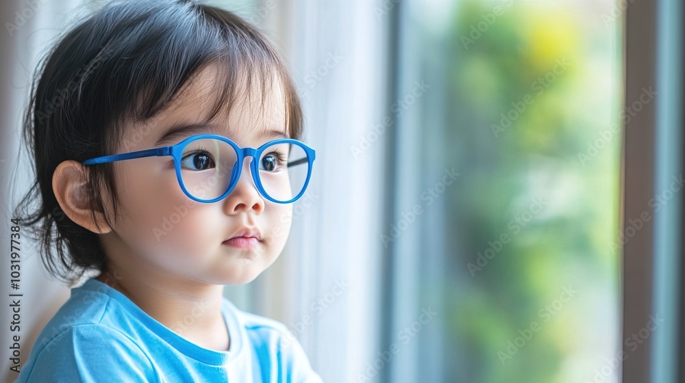 Young child wearing blue glasses focusing on distant tree outside window, symbolizing myopia prevention and importance of outdoor activities. Young child wearing blue glasses focusing on distant tree outside window, symbolizing myopia prevention and importance of outdoor activities.