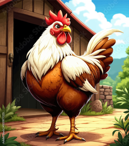 Rooster Illustration with Barn Background