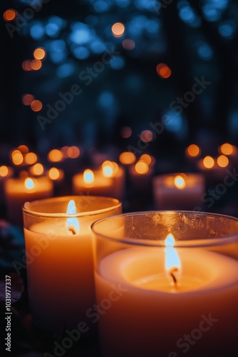 Many lit candles glow softly at dusk, creating a serene atmosphere in a peace...