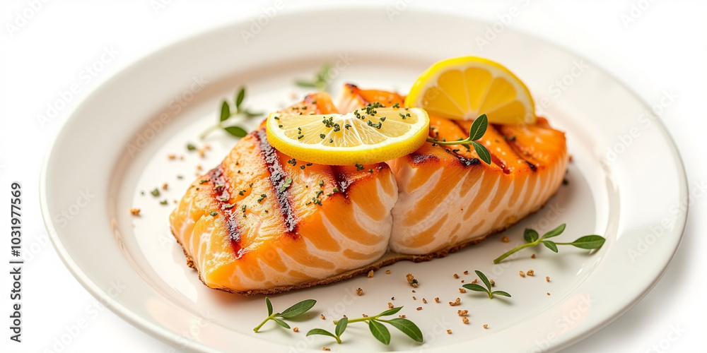 salmon steak with vegetables white background salmon steak with vegetables white background
