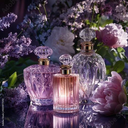 Elegant perfume bottles adorned with flowers in a serene setting during early...