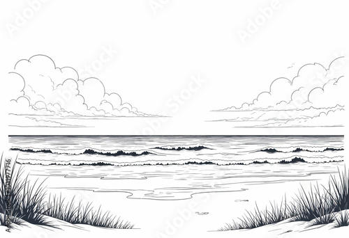 Seascape Line Drawing with Clouds and Beach Grass
