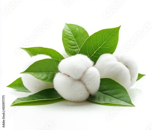 Cotton bolls and green leaves arranged on a white background for a fresh, nat...