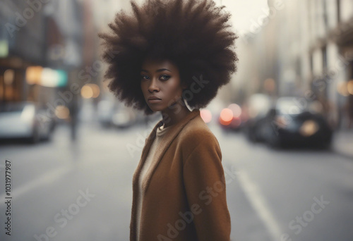 Afro hair A young Black woman showcasing her natural beauty, her afro hair embracing its natural texture, as she poses on a street with blurred city