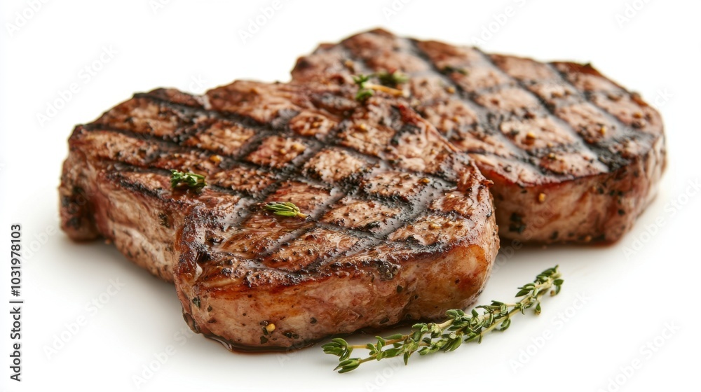Grilled steaks with perfect sear and herb garnish on a white background Grilled steaks with perfect sear and herb garnish on a white background