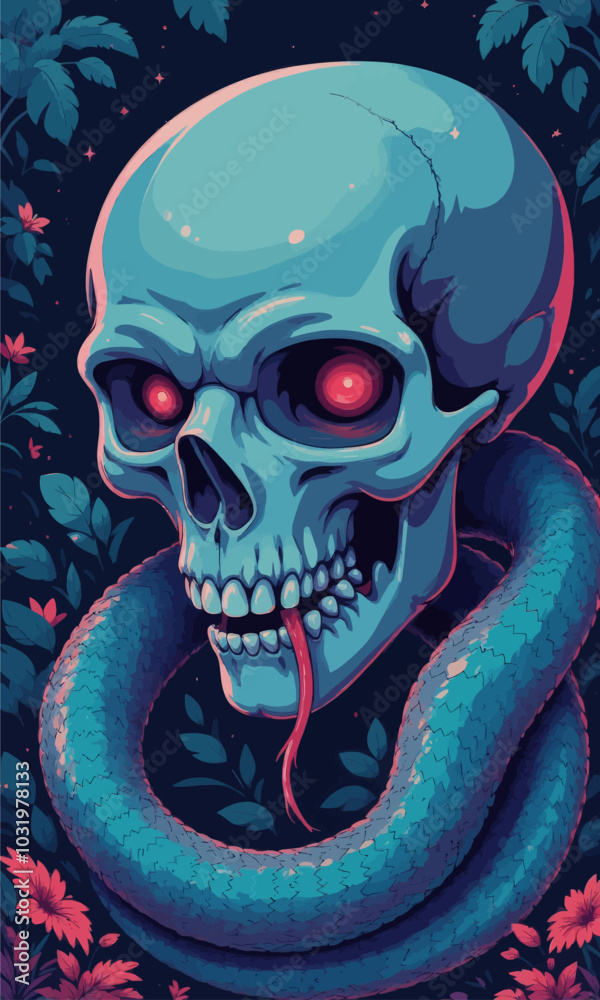 Fototapeta premium Skull with Red Eyes and Snake