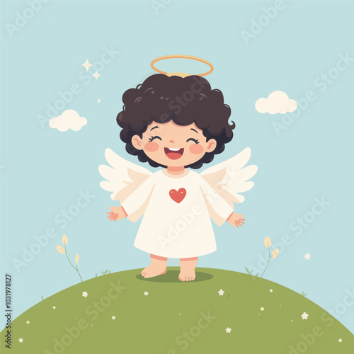 Smiling Angel with Halo and Wings on Hilltop
