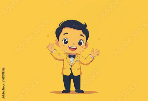 Smiling Boy in Yellow Suit Waving 
