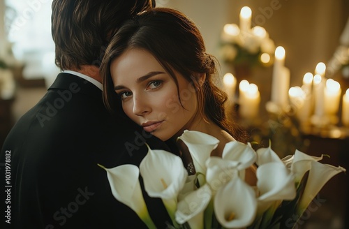A couple embraces in a dimly lit room decorated with candles and fresh calla ...