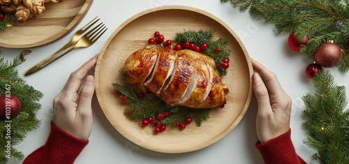 Festive roasted chicken surrounded by vegetables and festive decorations on a...