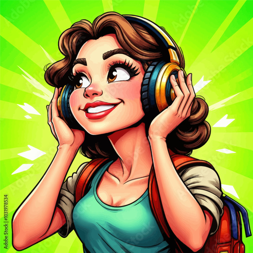 Smiling Woman in Headphones with Backpack 
