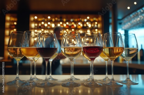 Elegant wine tasting featuring an array of glasses in a sophisticated bar set...