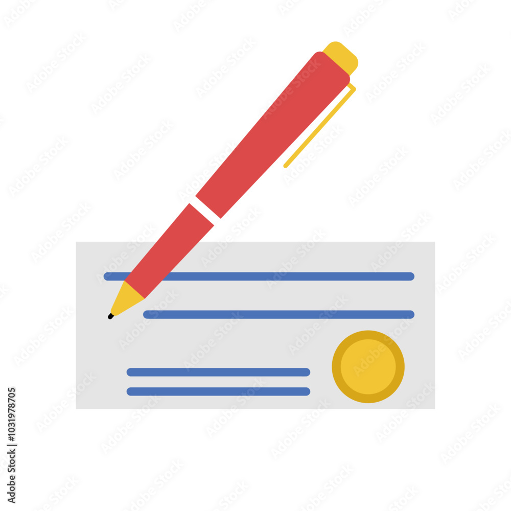 A check and a pen. Signature of the check. Vector simple color flat illustration. A check and a pen. Signature of the check. Vector simple color flat illustration.