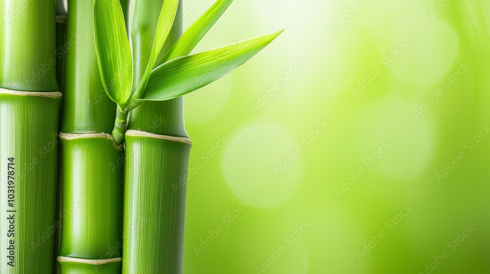 Obraz premium A vibrant close-up of fresh green bamboo stems, softened by a blurred background, ideal for placing text. The natural green hues evoke calm and nature