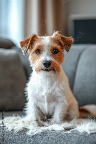 Cute small dog sitting on a gray couch indoors with a relaxed expression and ...