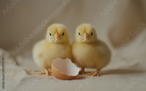 Newly hatched chicks exploring their surroundings beside an eggshell on soft ...