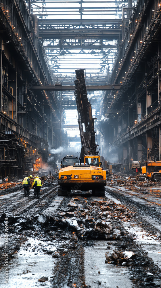 Heavy machinery in an abandoned warehouse scene Heavy machinery in an abandoned warehouse scene