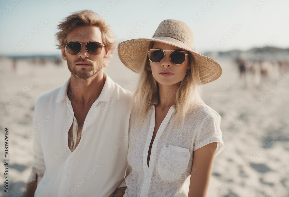 Attractive caucasian white couple in summer vacation outfit isolated on white background transparent Attractive caucasian white couple in summer vacation outfit isolated on white background transparent