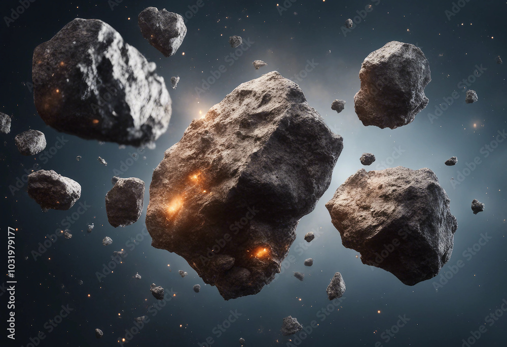 Asteroids swarm of boulders or stone meteorite isolated  flying rock in the space
