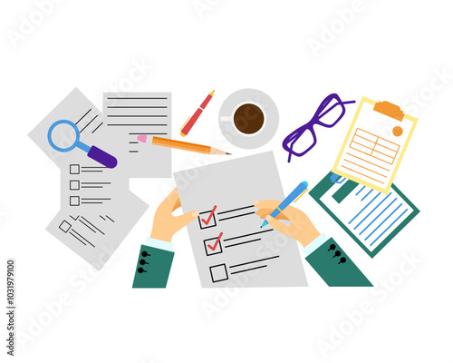 A hand holds a pen and a document. Office table, documents and work table. Checklist. Vector simple color flat illustration.