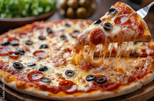 Hot pepperoni pizza with olives being served fresh from the oven at a cozy re...