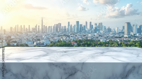 Urban Skyline with Marble Surface and Sunset Glow