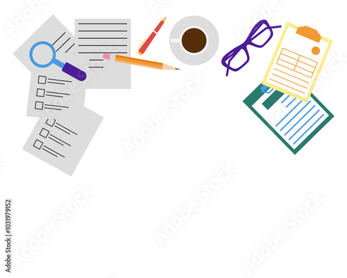 Office table, documents and work table. View from above. Vector simple color flat illustration.