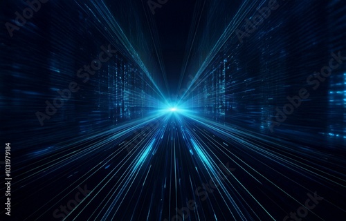 A blue digital tunnel with parallel lines leading to a bright light source.