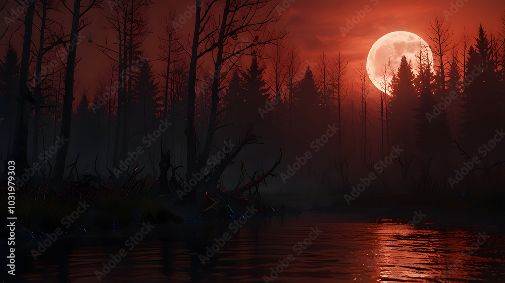 The terror in the dark forest with a red full moon The terror in the dark forest with a red full moon