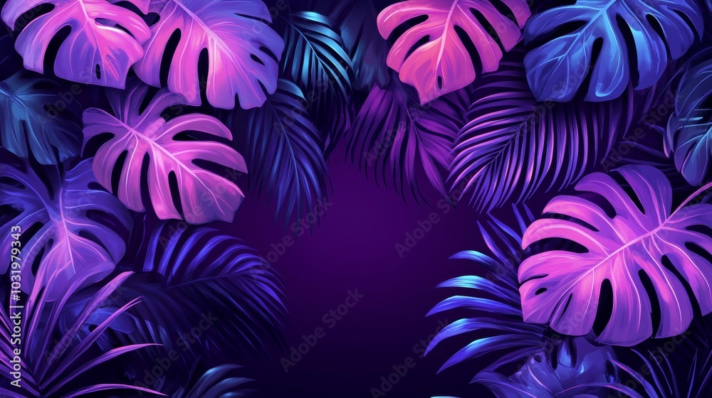 Neon Tropical Jungle Background, Glowing Palm Leaves Frame On Dark Backdrop. 3D Rendering Neon Tropical Jungle Background, Glowing Palm Leaves Frame On Dark Backdrop. 3D Rendering