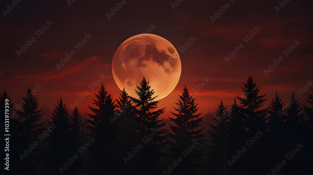 The terror in the dark forest with a red full moon