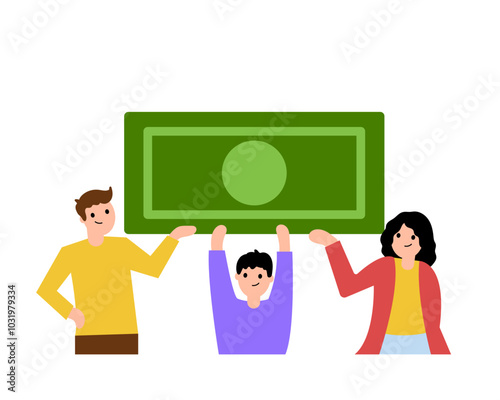 The family holds a bill. Payment. Financial assistance to families. Color simple flat illustration.