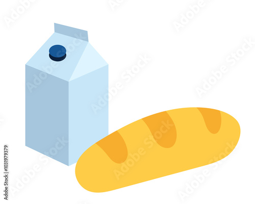 Bread and milk. A loaf and a pack of milk or drink. Color simple flat illustration.