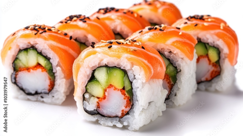 Delicious sushi rolls arranged elegantly on a white plate, showcasing vibrant colors and fresh ingredients at a trendy restaurant Delicious sushi rolls arranged elegantly on a white plate, showcasing vibrant colors and fresh ingredients at a trendy restaurant