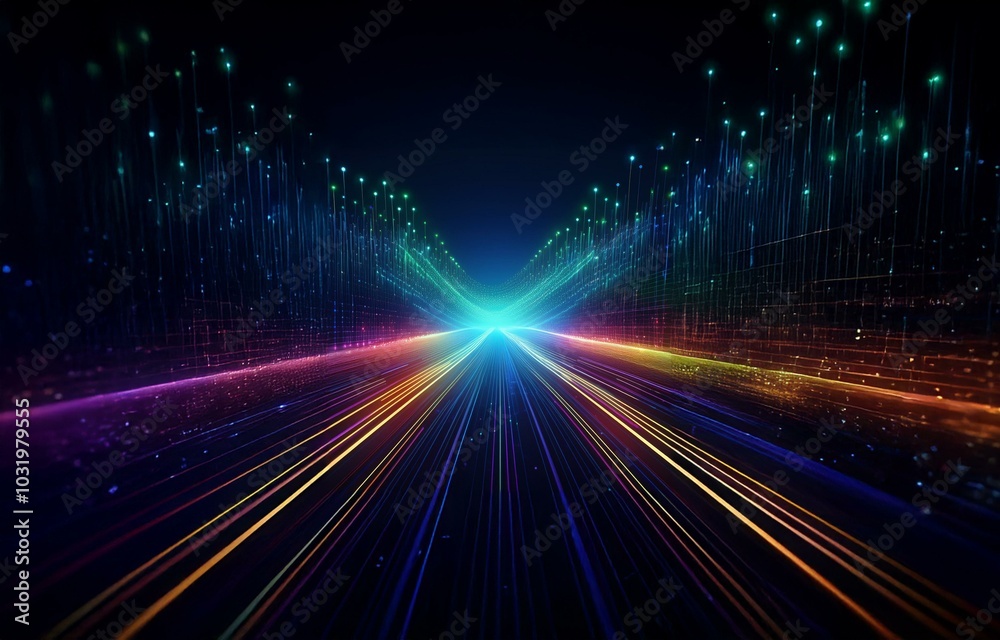 Abstract digital art of a neon colored road receding into the distance.  The road is composed of glowing lines of light.