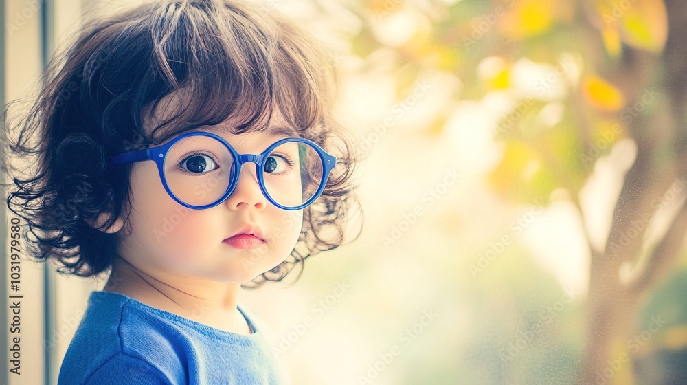 Young child wearing blue glasses focusing on distant tree outside window, symbolizing myopia prevention and importance of outdoor activities. Young child wearing blue glasses focusing on distant tree outside window, symbolizing myopia prevention and importance of outdoor activities.